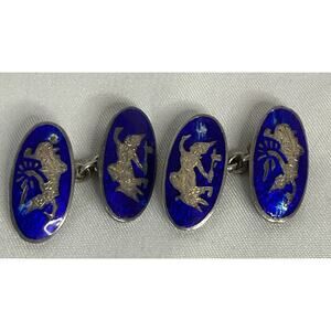 VTG VINTAGE STERLING SILVER BLUE ENAMEL NIELLO SIAM THAILAND CUFFLINKS